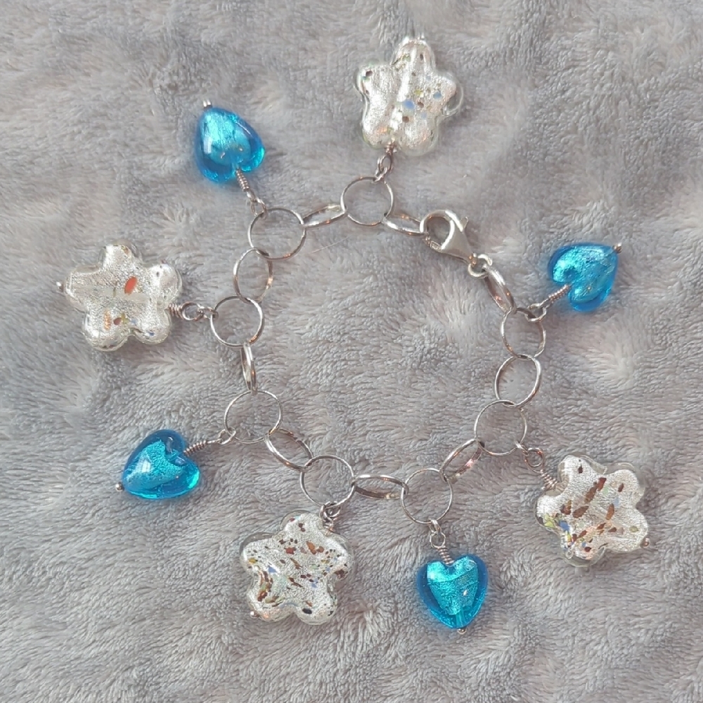 Vintage Sterling Silver Blue Murano Glass Heart Charm Bracelet